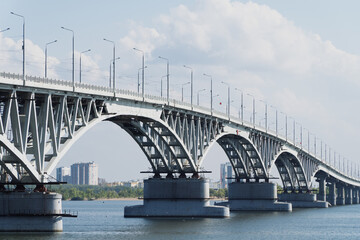 The bridge through the river Volga. Saratov.The bridge over the Volga River between the cities of Saratov and Engels. Panorama of the city and the Saratov bridge across the Volga river. Russia. 