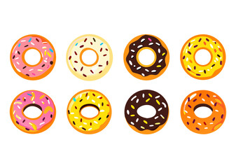 Set of cartoon colorful donuts isolated on white background. The view from the top and from the side. Vector illustration