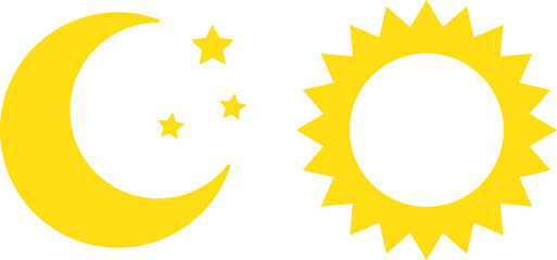 Sun and moon icons set.  Day and Night icon symbol. Rising and setting sun. Screen brightness and contrast level signs
