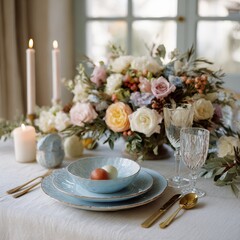 Elegant Table Setting with Flowers and Fine Dining Accessories
