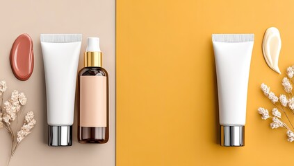 Cosmetic products displayed on beige and orange backgrounds