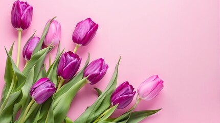 Fototapeta premium Beautiful purple tulips on pink background floral arrangement spring flower bouquet background for mothers day