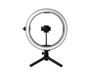 Circular LED ring light with phone mount on a small tripod stand, providing even illumination