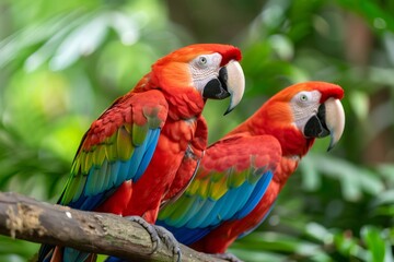 Fototapeta premium Scarlet Macaw parrots perching on branch in tropical jungle