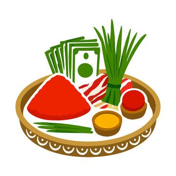 Tika Tray for Dashain Festival, with Rice, Vermillion, and Money