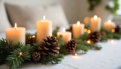 Simple festive decor with pinecones and candles