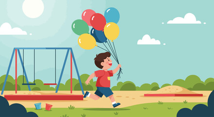 A cheerful child celebrates childhood joy, holding a vibrant cluster of balloons against a playful park backdrop. This flat design illustration captures the essence of happiness and simple outdoor fun