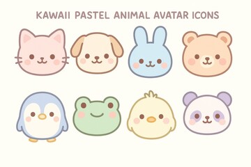 Obraz premium Cute pastel animal avatar icons set with cat, dog, bunny, bear, penguin, frog, chick, and panda on light background. Ai generative. Ai generative