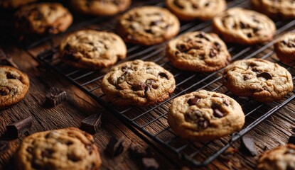 Freshly baked chocolate chip cookies on a wire rack, scattered chocolate pieces on a wooden table