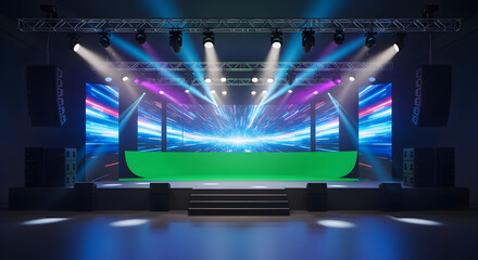 An empty concert stage with a large green screen, surrounded by LED video walls and illuminated by colorful spotlights.