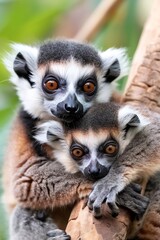 Fototapeta premium Ring-tailed lemur mother and baby hugging on branch