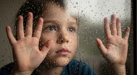 Close-up portrait of child touching rainy window glass with thoughtful expression watching raindrops sliding down on glass surface