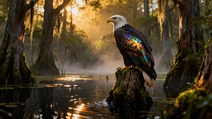 Peaceful Wetland Sunrise With Eagle on Wooden Perch