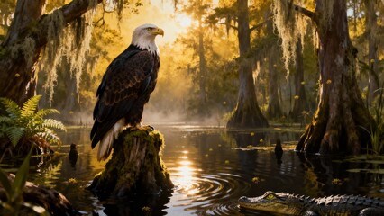 Eagle Resting Among Cypress Trees Draped With Spanish Moss