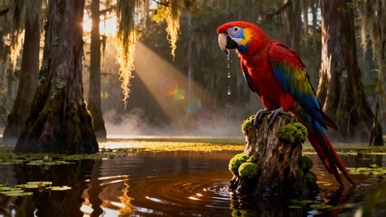 Scarlet Macaw Perched in Misty Swamp at Sunrise