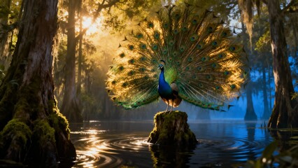 Majestic Peacock Perched in a Misty Swamp at Sunrise