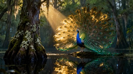 Colorful Peacock Displaying Feathers in a Tranquil Wetland Dawn