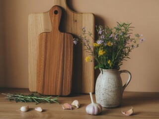 Rustic Kitchen Still Life with Garlic, Rosemary, and Wildflowers © MDOWADUD
