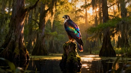 Beautiful Hawk in a Serene Swamp Landscape at Dawn