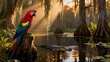Vivid Scarlet Macaw Among Cypress Trees and Spanish Moss