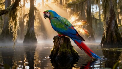 Scarlet Macaw Surrounded by Cypress Trees and Moss at Sunrise