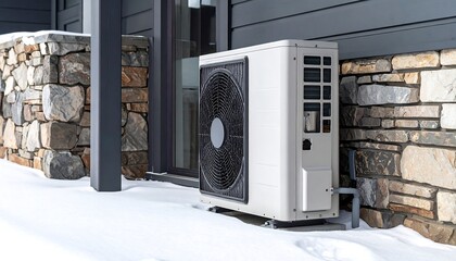 Outdoor heating and cooling unit in snowy setting
