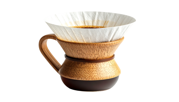 Wooden coffee dripper with a paper filter brewing dark coffee