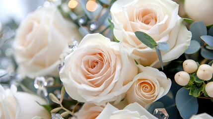 Obraz premium Delicate white roses wedding bouquet with eucalyptus