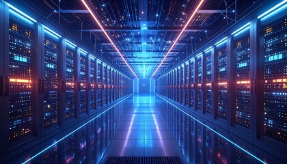 Rendered visualization of a data center hallway, featuring rows of servers with bright neon lights, showcasing a futuristic aesthetic