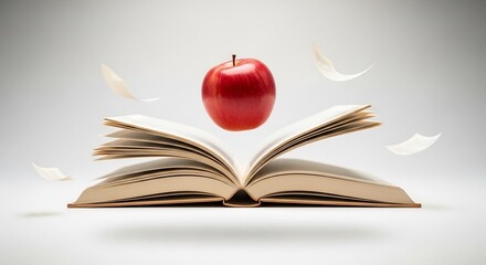 Floating Apple Above Open Book with Flying Pages on White Background