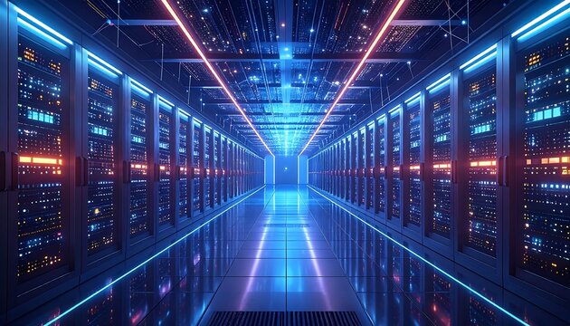 Rendered visualization of a data center hallway, featuring rows of servers with bright neon lights, showcasing a futuristic aesthetic