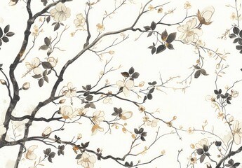 Naklejka premium An intricate pattern of stylized blossoms and branches, rendered in muted beige and grey hues against a stark white backdrop, evokes a sense of delicate elegance and understated beauty
