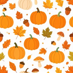 A vibrant autumn seamless pattern featuring cartoon pumpkins, colorful fall foliage, acorns, and forest mushrooms on a clean background