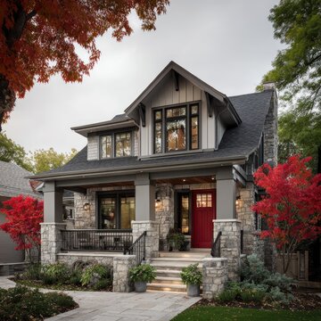 Charming, modern-style house with gray facade, red door, and stonework