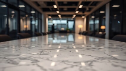Polished marble tabletop reflecting abstract shapes with a blurred office environment in the background.
