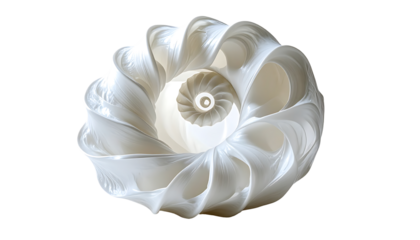 Intricate off-white fractal, swirling in a spiral, exhibiting layered, porous, organic form, emanating from a central point