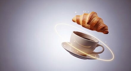Floating Coffee Cup and Croissant with Glowing Light Trails, Breakfast Concept.
