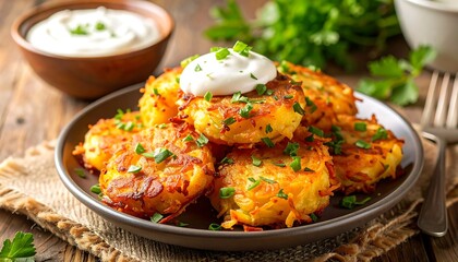 Golden potato pancakes topped with sour cream