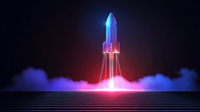 Stunning neon rocket ship preparing for launch on a dark background. Powerful futuristic technology with vibrant blue and pink glowing lights and thick smoke enveloping the launchpad