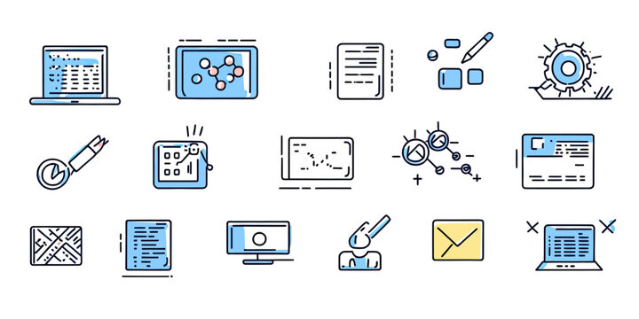 Hand drawn vector software development icons set including laptop coding interface, programming code editor, algorithm symbols, computer monitor, and digital tools in minimalist style