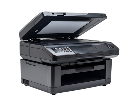 Sleek, dark-grey all-in-one printer with scanner lid open, displaying a screen; showing paper tray and control panel