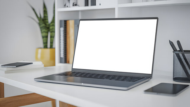 Modern minimalist home office setup featuring an open laptop with blank screen, tablet, and phone on a clean white desk, perfect for remote work inspiration.