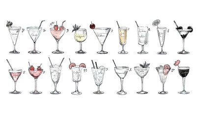 Hand drawn vector set of various cocktail drinks in glasses with garnishes and straws in minimalist sketch style for bar and restaurant menu design