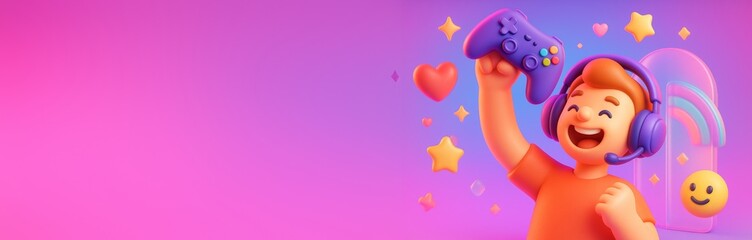 Cheerful cartoon gamer boy with headset holding joystick with stars and hearts on vibrant pink and purple background for fun design template. Ai generative