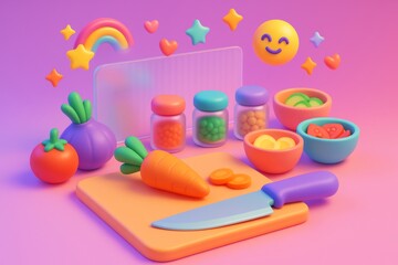 Fototapeta premium Colorful cartoon-style kitchen scene with vegetables, bowls, and floating emojis on a pink background, evoking a playful cooking atmosphere. Ai generative