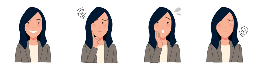 Set of woman character with different facial expressions: happy, thinking, stressed, worried, in pain. Perfect for concepts of emotions, psychology, health, avatar, and stickers.