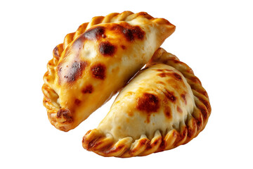 Argentina and Uruguay empanadas stacked in a pyramid, golden baked crust, meat and potato filling, isolated on white transparent background, concept of traditional South American Cuisine