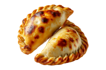 Argentina and Uruguay empanadas stacked in a pyramid, golden baked crust, meat and potato filling, isolated on white transparent background, concept of traditional South American Cuisine