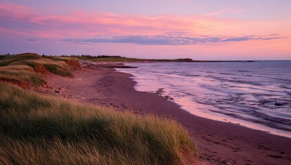 Coastal sunset; pink sky over beach and dunes