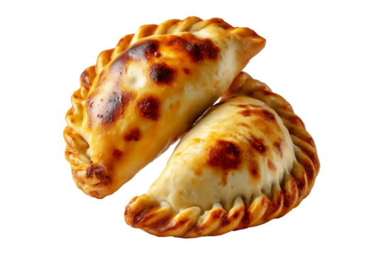 Argentina and Uruguay empanadas stacked in a pyramid, golden baked crust, meat and potato filling, isolated on white transparent background, concept of traditional South American Cuisine